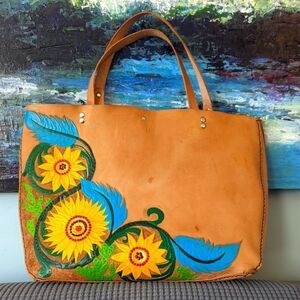 Hand tooled painted leather tote bag